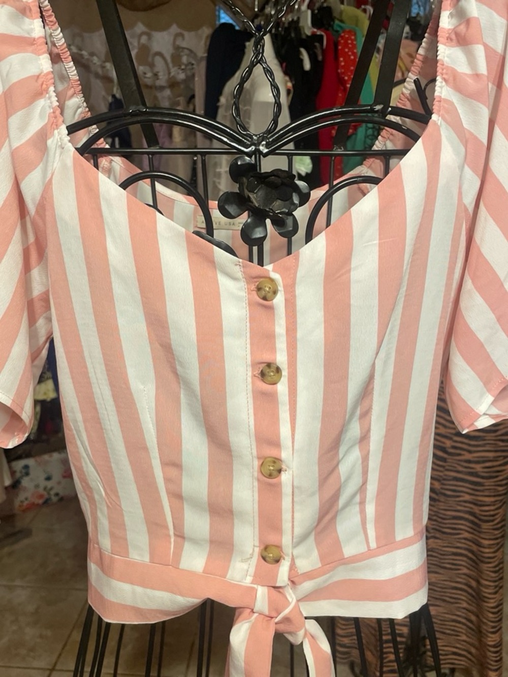 Active USA Pink and White Striped Tie-Front Button Top